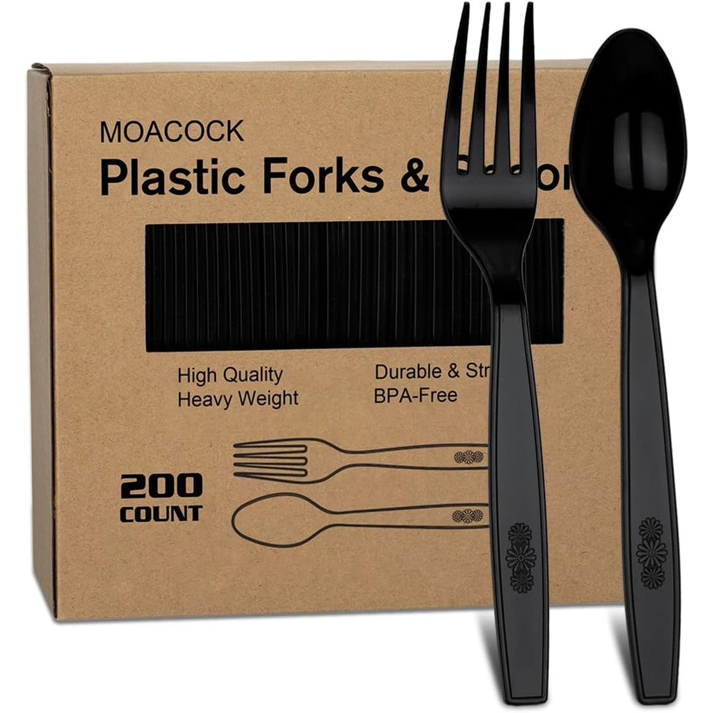 Moacock 200 count black plastic silverware set front view for party supplies.