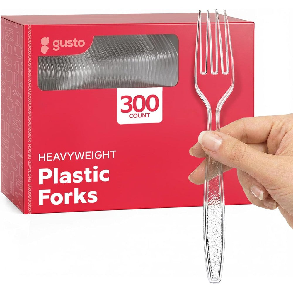Gusto Heavyweight Clear Plastic Forks 300 pack front view packaging