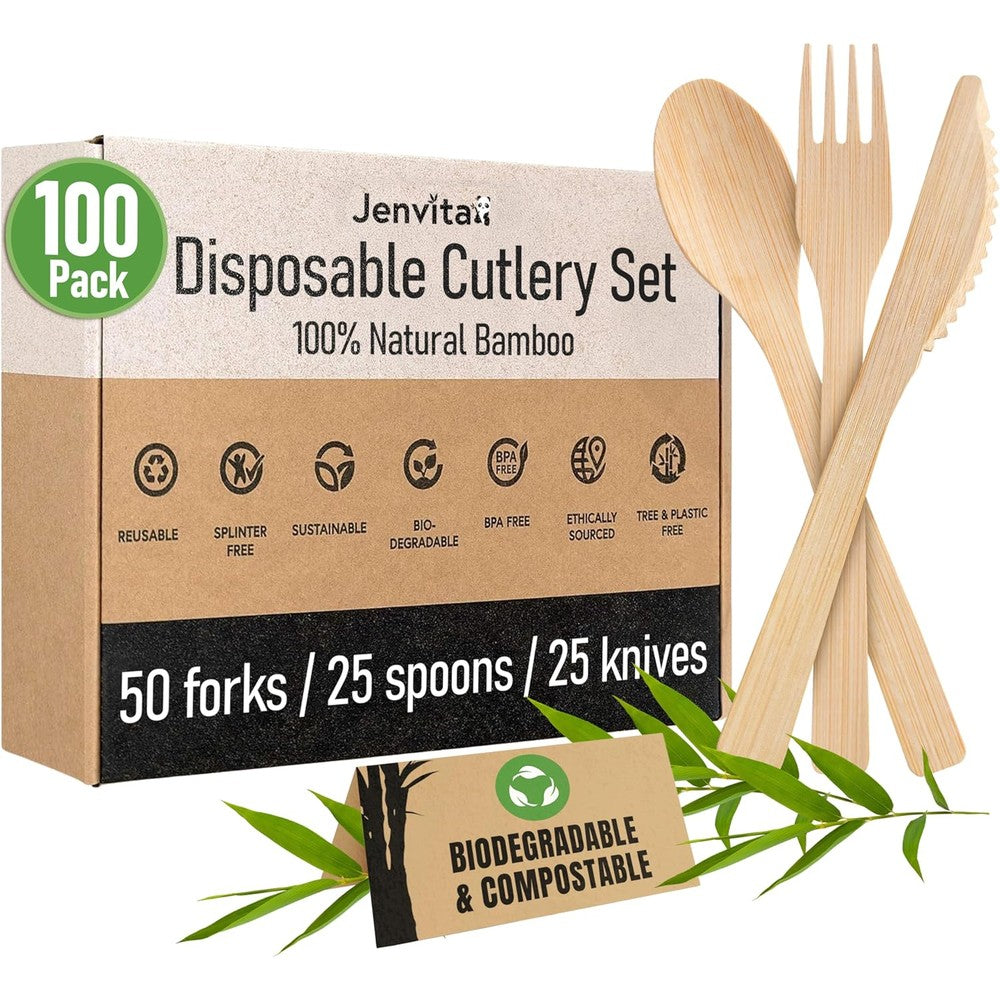 Jenvita 100% Bamboo Utensils Set front view of eco friendly cutlery pack.