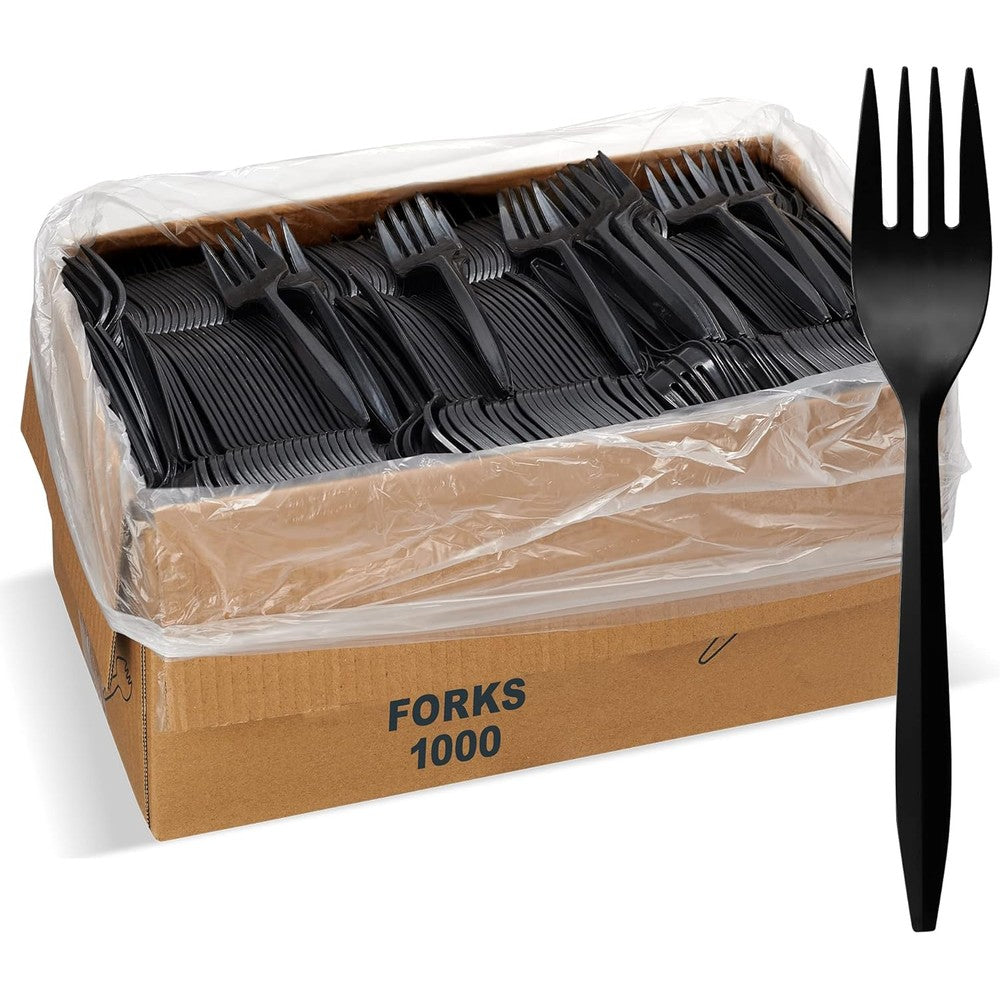 Elegant Disposables 1,000 count black plastic forks front view bulk packaging.