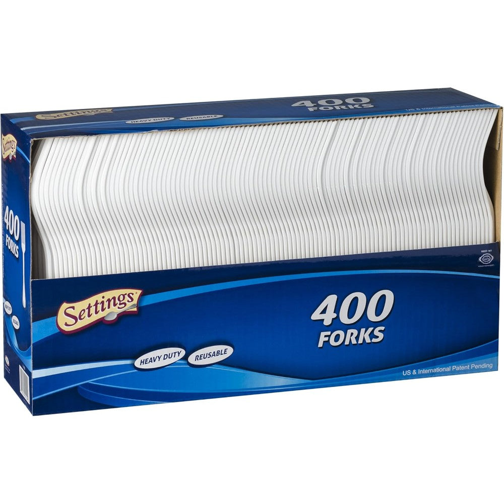 Settings Plastic White Forks 400 Count front view bulk packaging