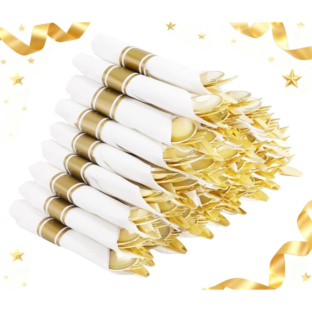 Supernal 60 Pack Pre Rolled Napkins with Gold Plastic Silverware front view for wedding catering.