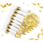 Supernal 60 Pack Pre Rolled Napkins with Gold Plastic Silverware front view for wedding catering.