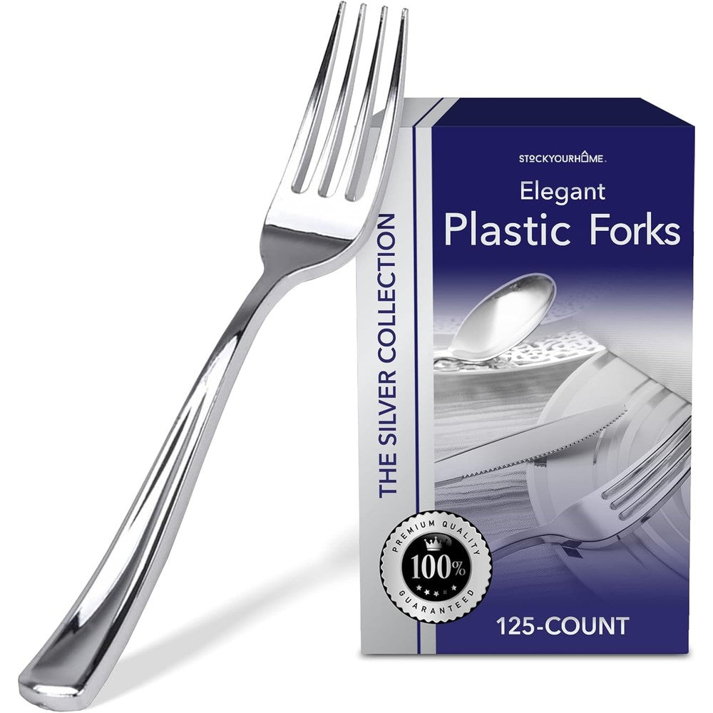 Stock Your Home silver plastic forks 125 pack front view for catering.