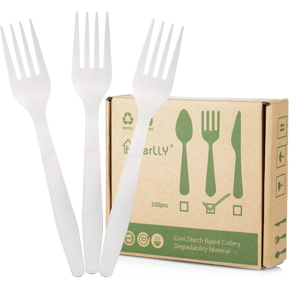 HERLLY compostable forks 100 pack front view biodegradable silverware