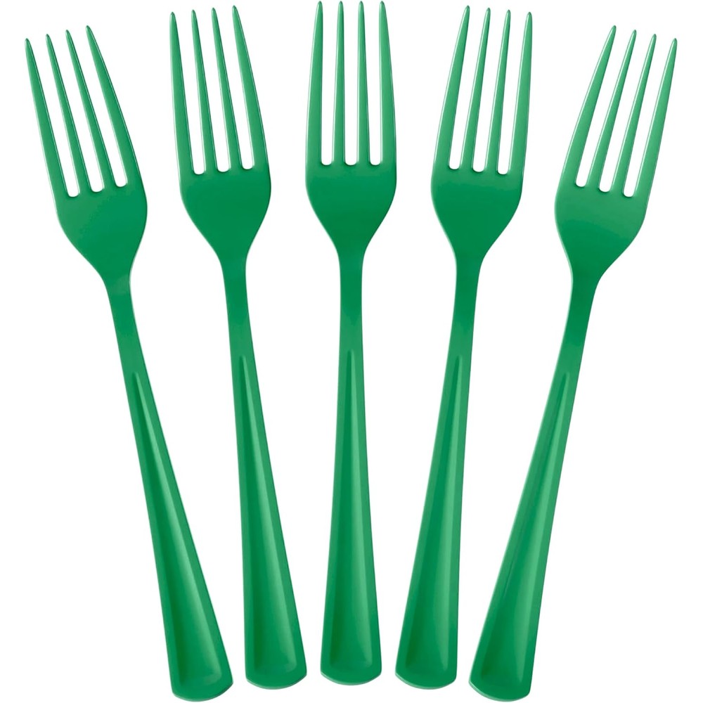 Exquisite Emerald Green Plastic Forks 50 count front view disposable party cutlery.