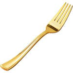 Goodluck Gold Plastic Forks 50 pack front view for party catering.