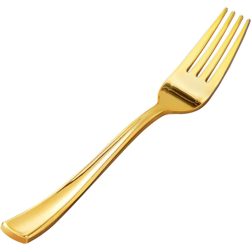 Goodluck Gold Plastic Forks 50 pack front view for party catering.