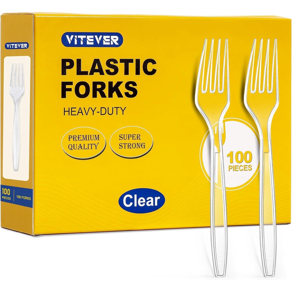 Vitever heavy duty clear plastic forks front view 100 count pack