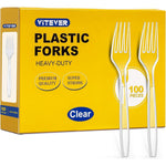 Vitever heavy duty clear plastic forks front view 100 count pack