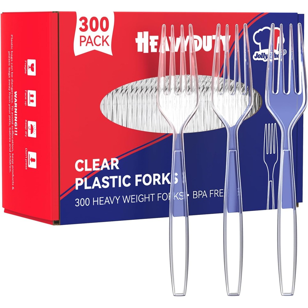 Jolly Chef clear plastic forks front view heavy duty disposable cutlery
