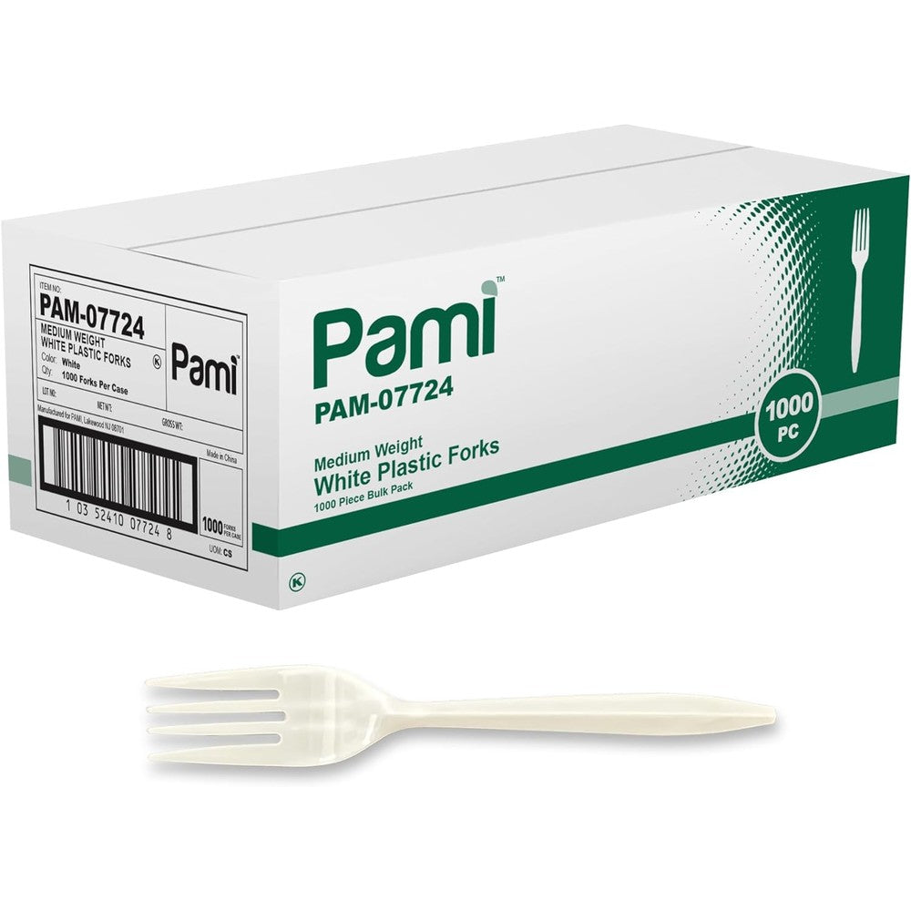 PAMI Medium Weight Disposable Plastic Forks 1000 Count front view bulk packaging.