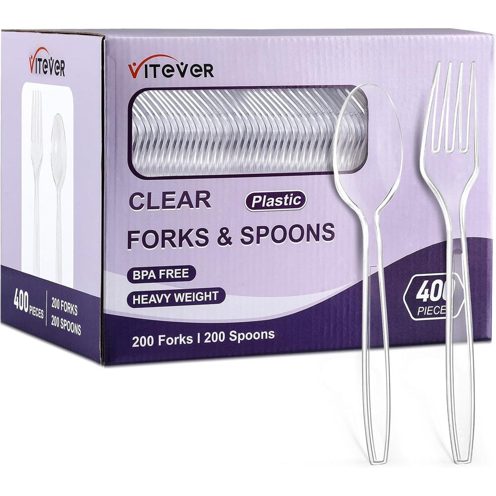 Vitever clear plastic forks and spoons set 400 count front view disposable cutlery
