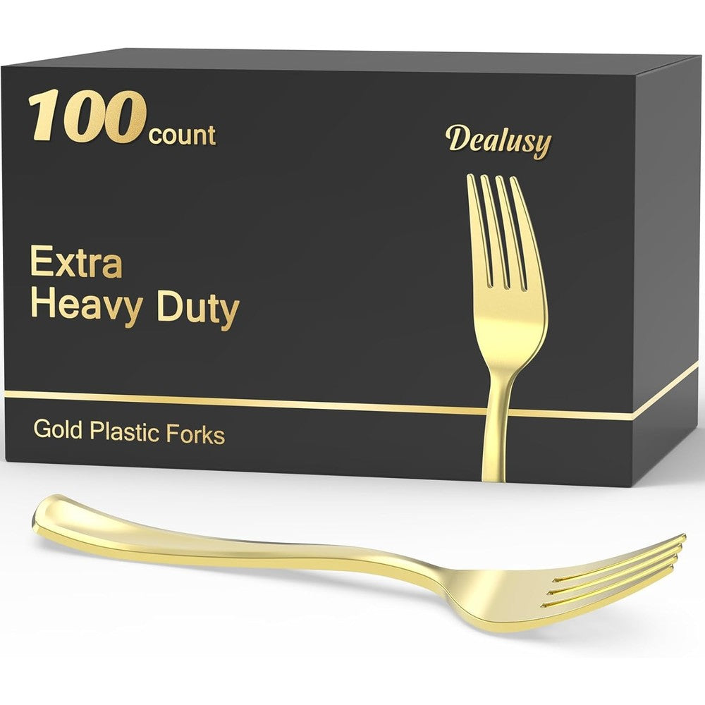 Dealusy gold plastic forks 100 count front view premium party cutlery