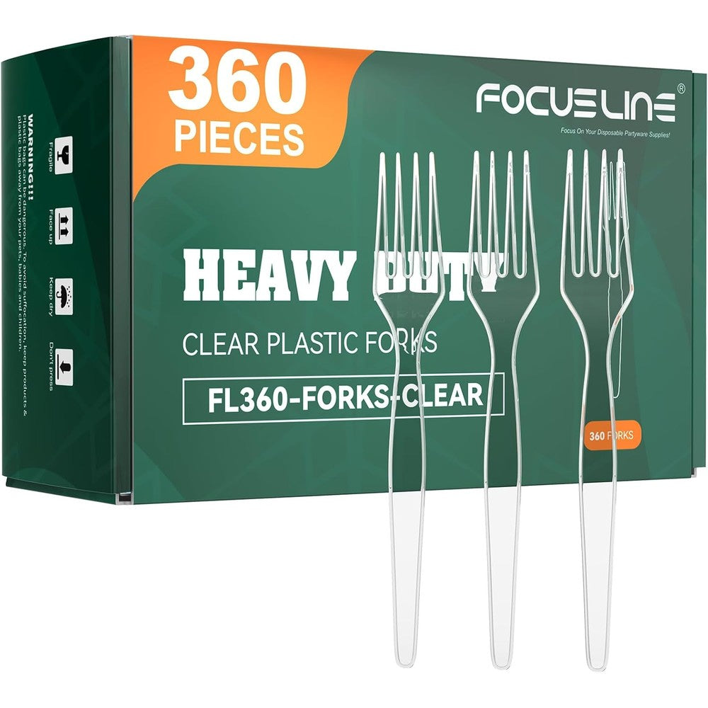 FOCUSLINE 360 Count Clear Plastic Forks premium bulk box front view for event catering