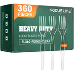 FOCUSLINE 360 Count Clear Plastic Forks premium bulk box front view for event catering