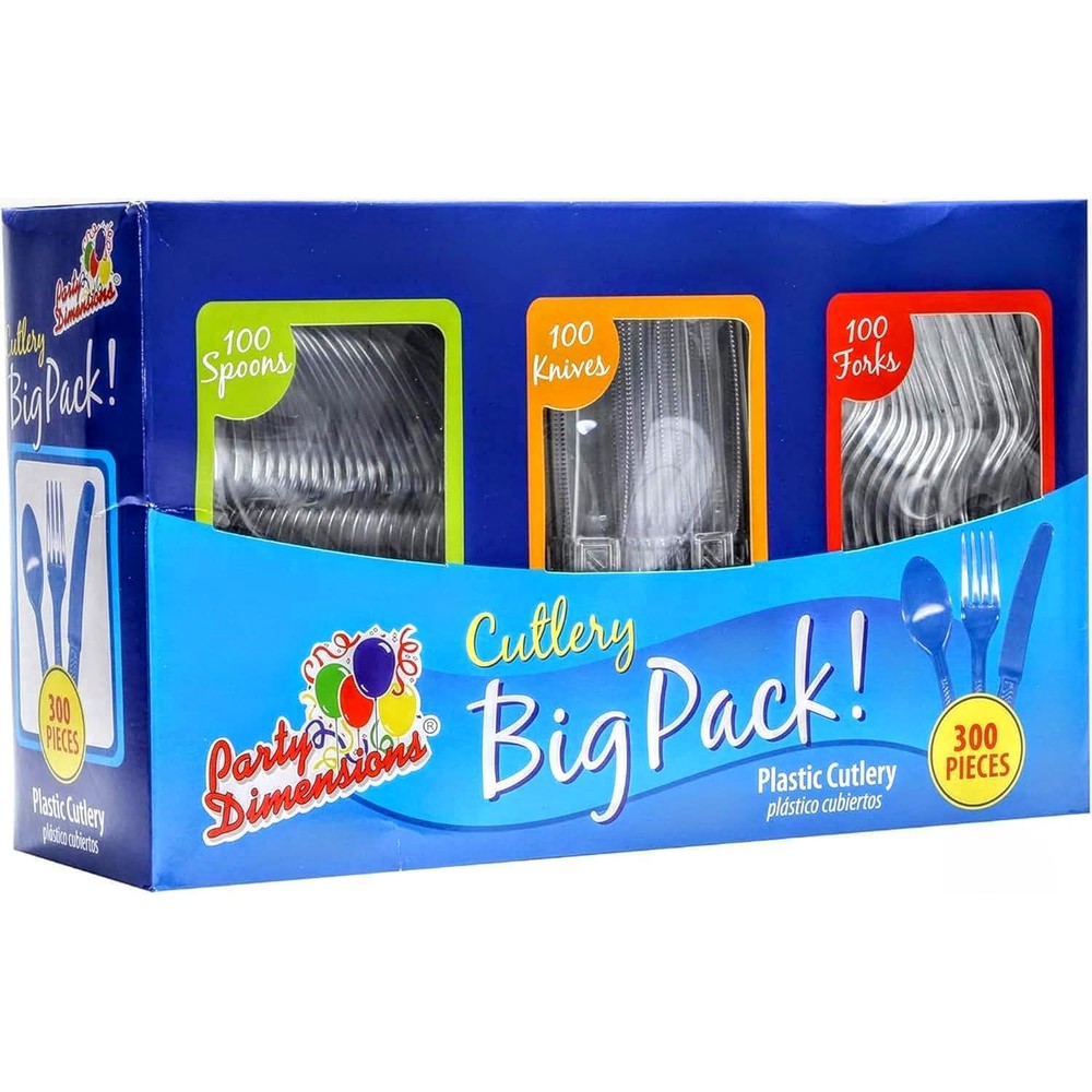 Party Dimensions 300 count plastic cutlery combo box front view for event catering.