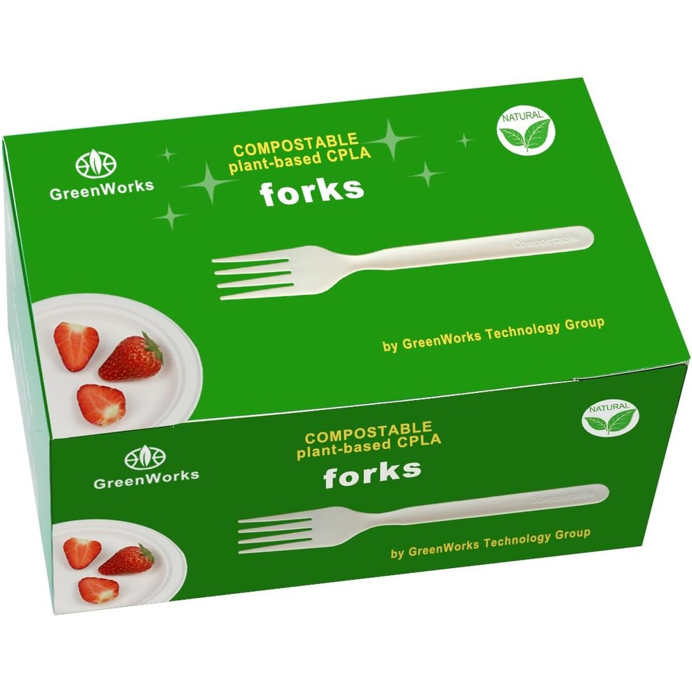 GreenWorks compostable forks 100 count box front view eco-friendly cutlery
