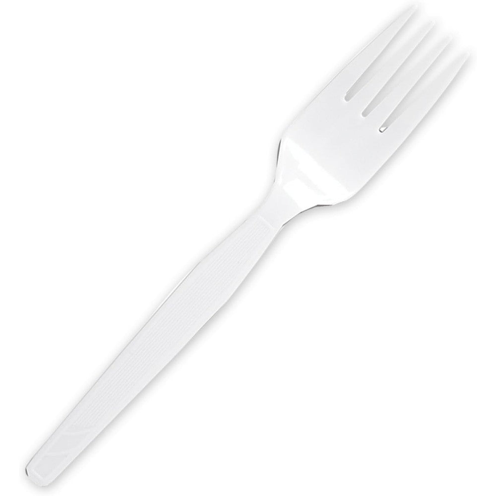 Genuine Joe Heavyweight White Plastic Forks front view of the 100 pack box.