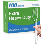 Dealusy extra heavy duty clear plastic forks 100 count pack front view premium disposable cutlery