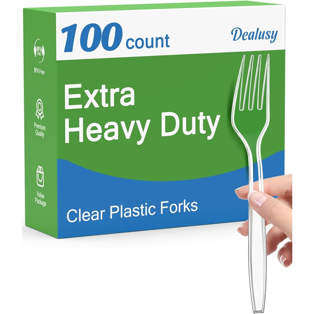 Dealusy extra heavy duty clear plastic forks 100 count pack front view premium disposable cutlery