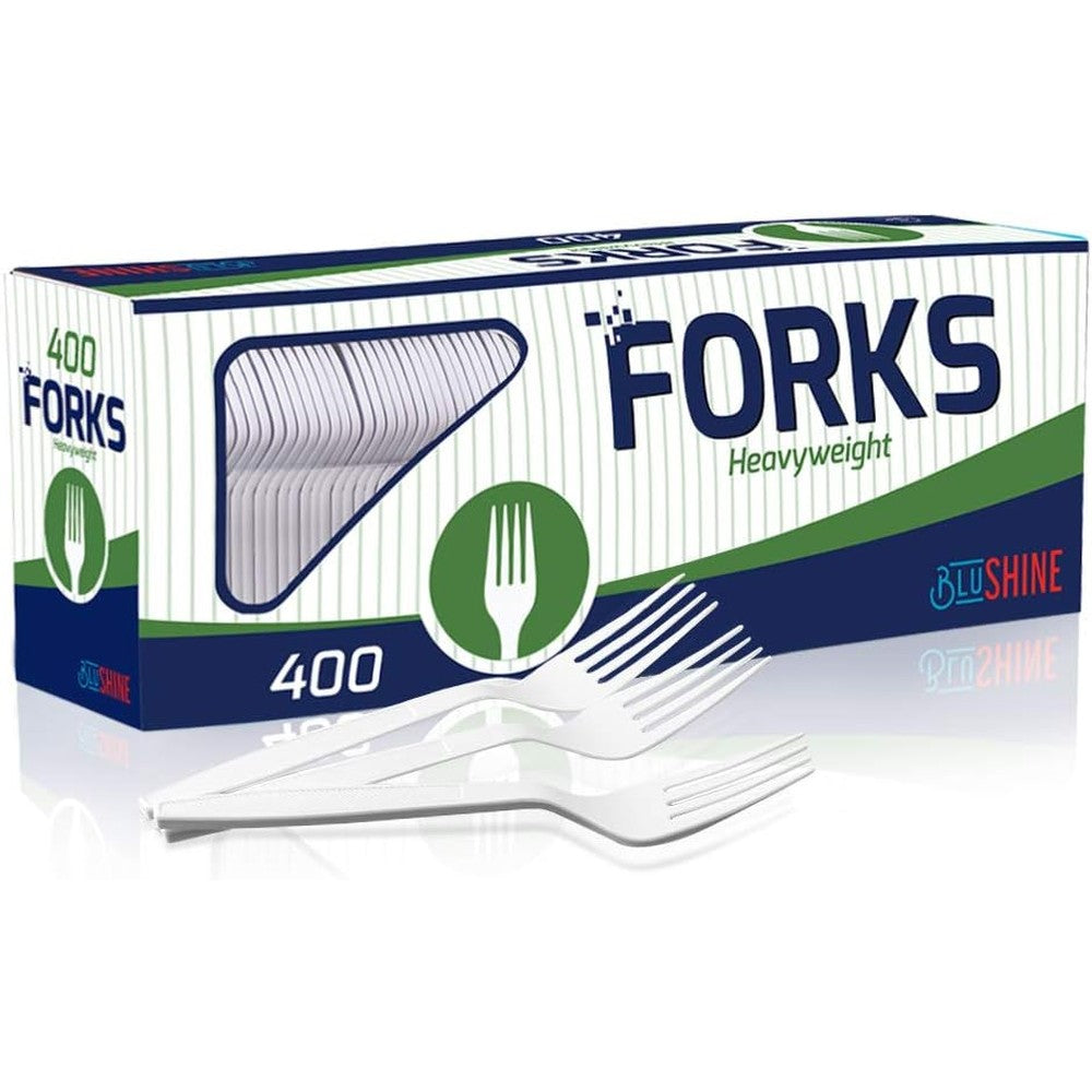 BluShine extra heavyweight disposable white plastic forks front view bulk pack.