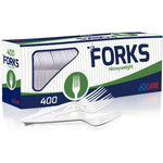 BluShine extra heavyweight disposable white plastic forks front view bulk pack.