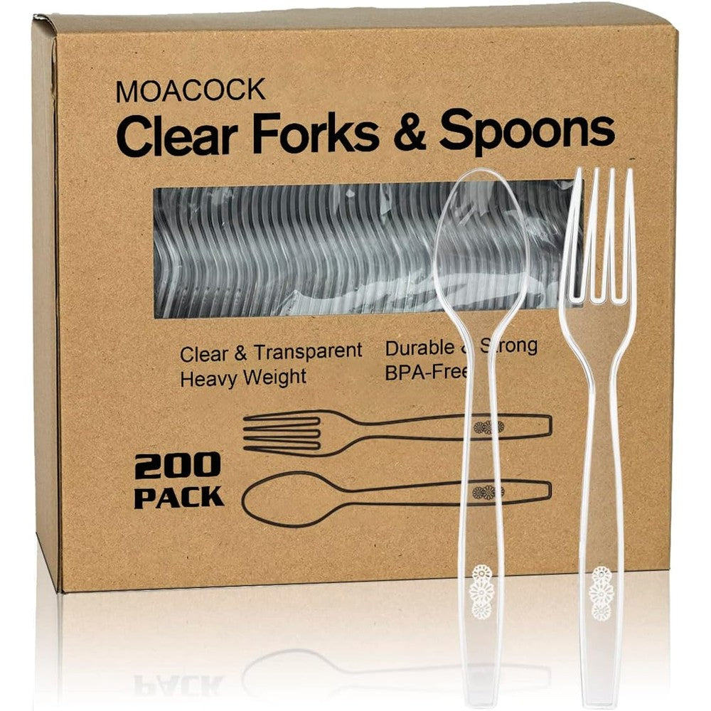MOACOCK 200 count plastic silverware set front view showing transparent forks and spoons