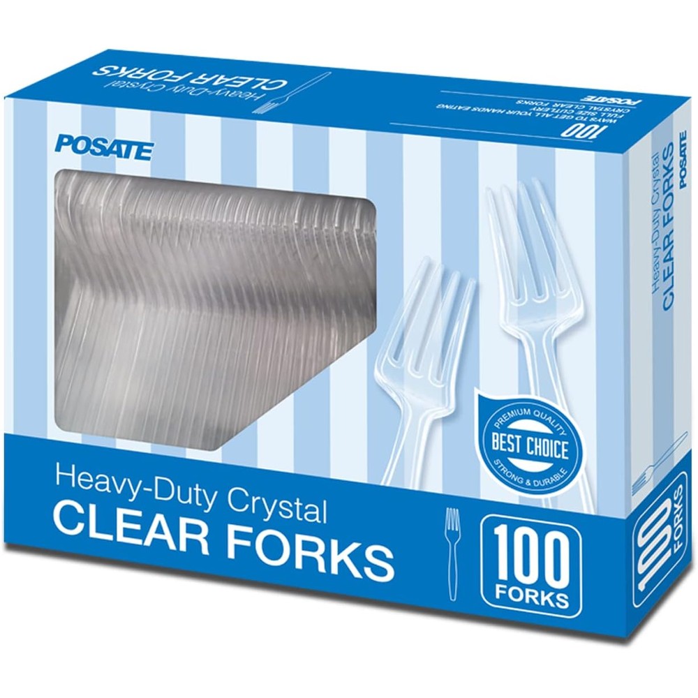 POSATE Heavy Weight Plastic Forks front view of 100 count box