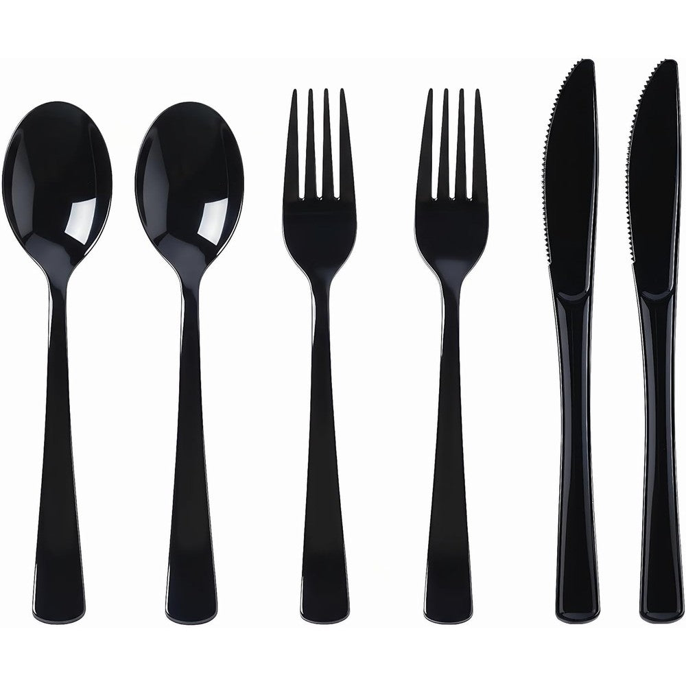 Exquisite 300 piece black plastic silverware cutlery set front view showing retail box packaging