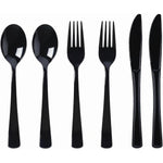 Exquisite 300 piece black plastic silverware cutlery set front view showing retail box packaging