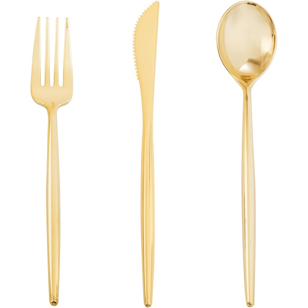 Supernal gold plastic silverware set premium 180 piece disposable cutlery front view layout
