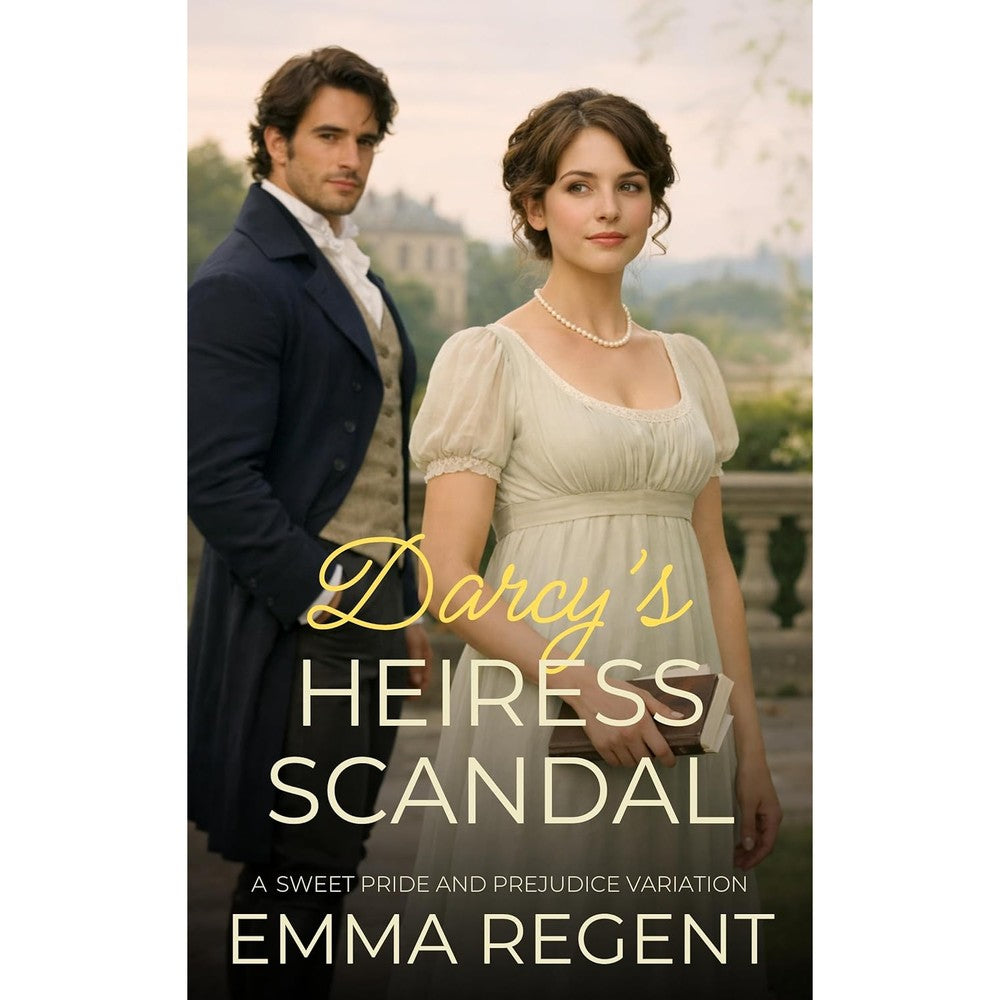 Emma Regent Darcy's Heiress Scandal book cover featuring period clothing couple design front view.