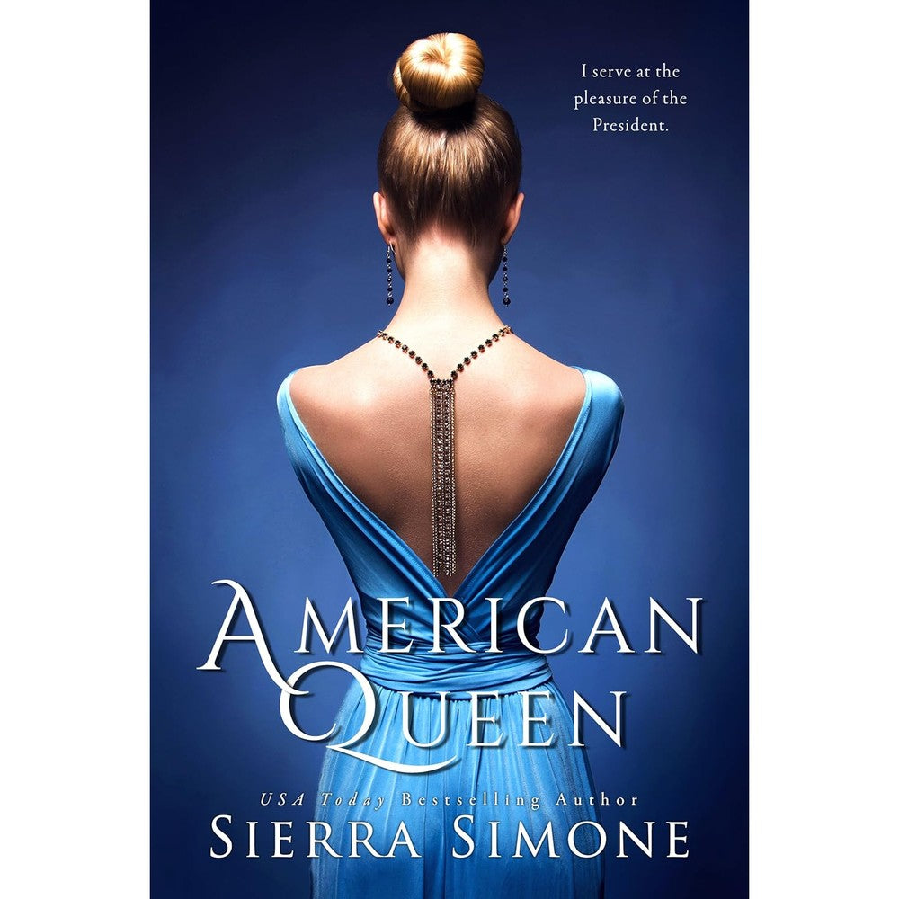 Sierra Simone American Queen New Camelot Book One front cover featuring a woman in a blue dress with a beaded necklace.