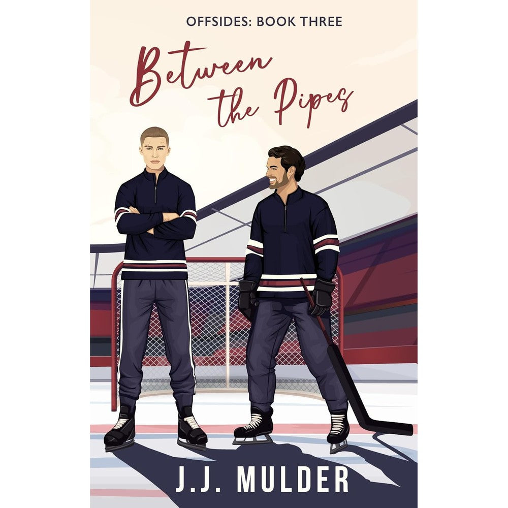 J J Mulder Between The Pipes Offsides Book Three front view authentic sports romance novel