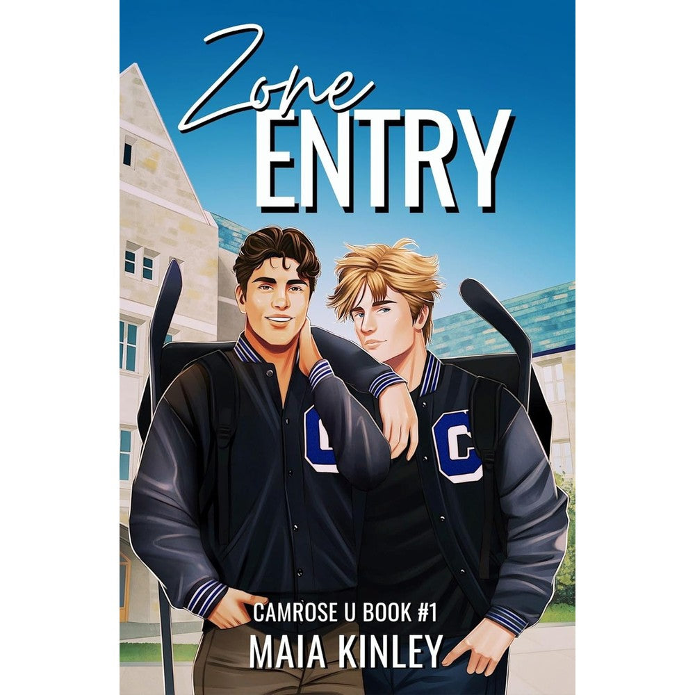 Maia Kinley Zone Entry Camrose U Book One front cover art featuring an authentic college hockey romance theme.