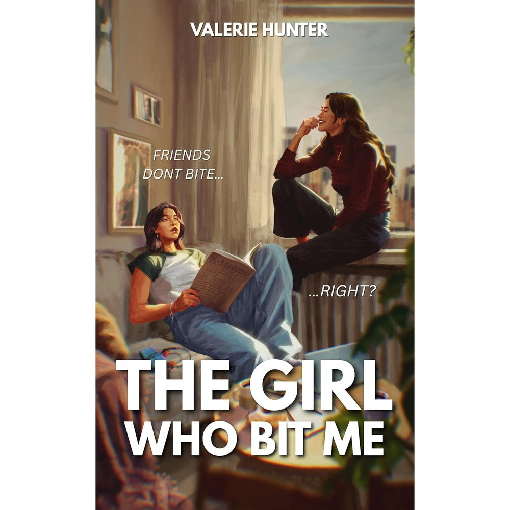 Valerie Hunter The Girl Who Bit Me paperback book front cover featuring a stylized illustration of two sapphic vampires.