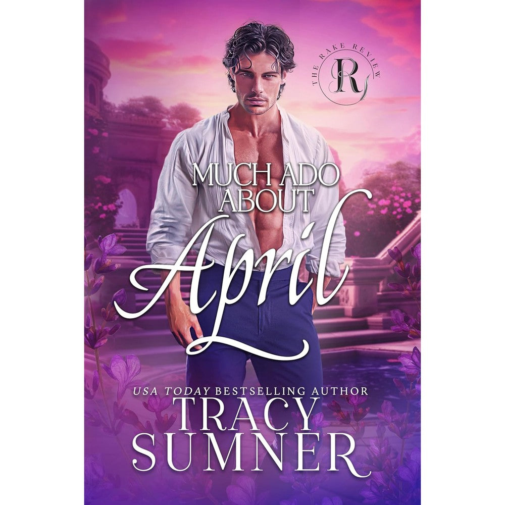 Tracy Sumner Much Ado About April book cover featuring a stylized illustration of a gentleman against a purple scenic background