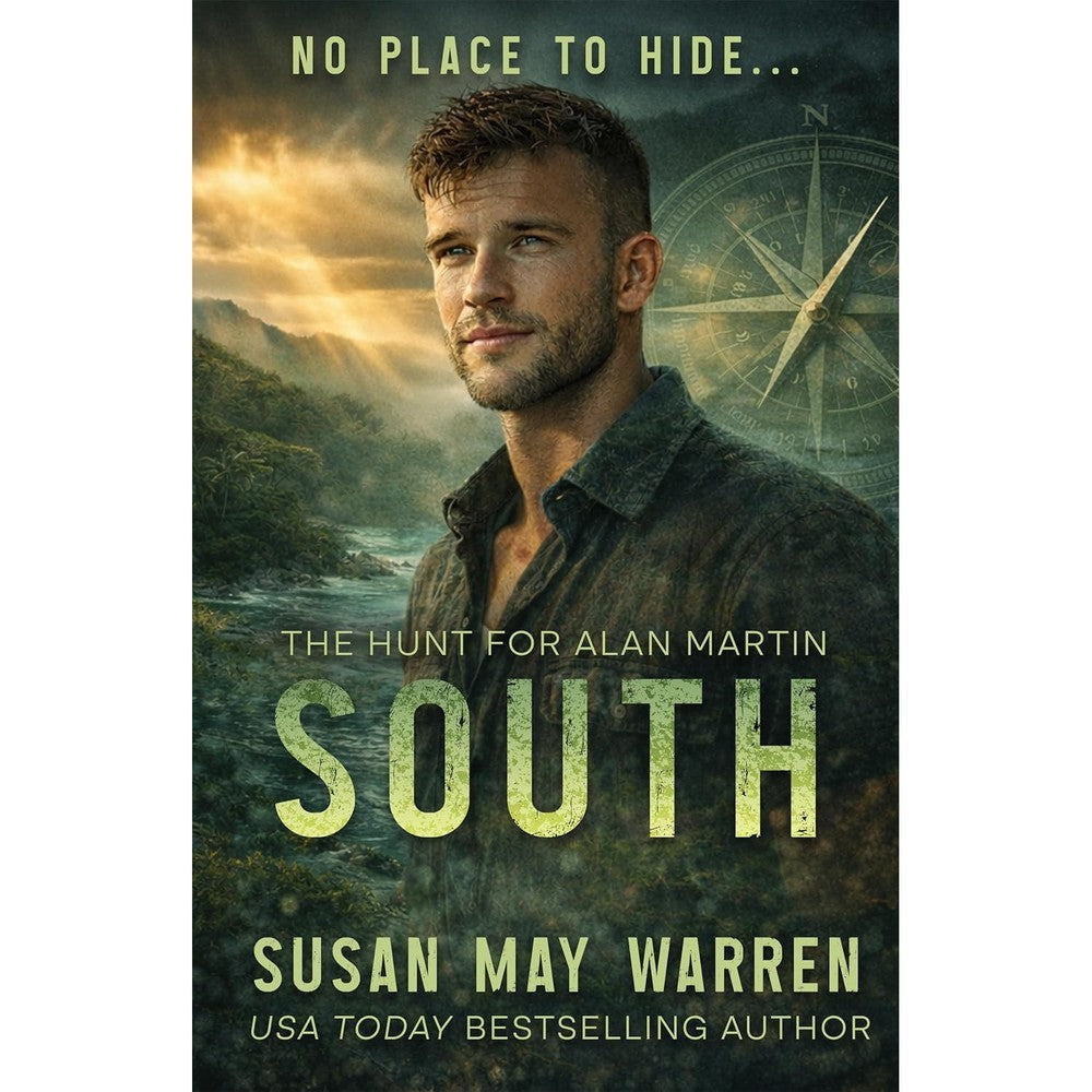 Susan May Warren South book cover featuring a man in a jungle setting with a compass overlay.