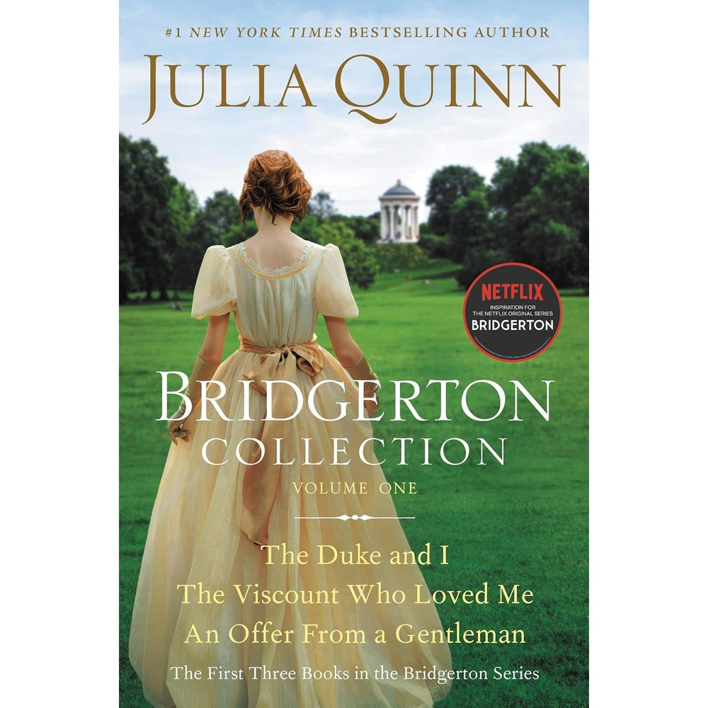 Julia Quinn Bridgerton Collection Volume One paperback book front cover showing a woman in a Regency gown on a green lawn.