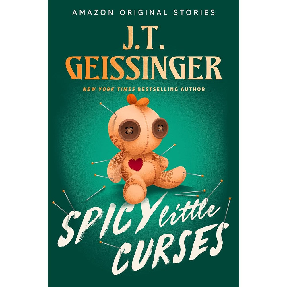 J.T. Geissinger Spicy Little Curses Kindle Edition front cover featuring a stylized tattooed voodoo doll with a red heart patch.