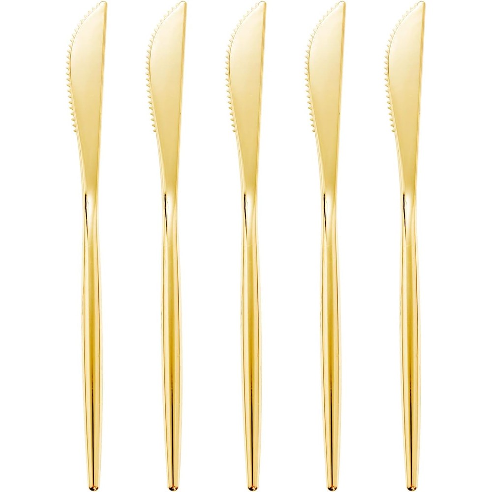 U-QE gold plastic knives front view of bulk 180 count pack.