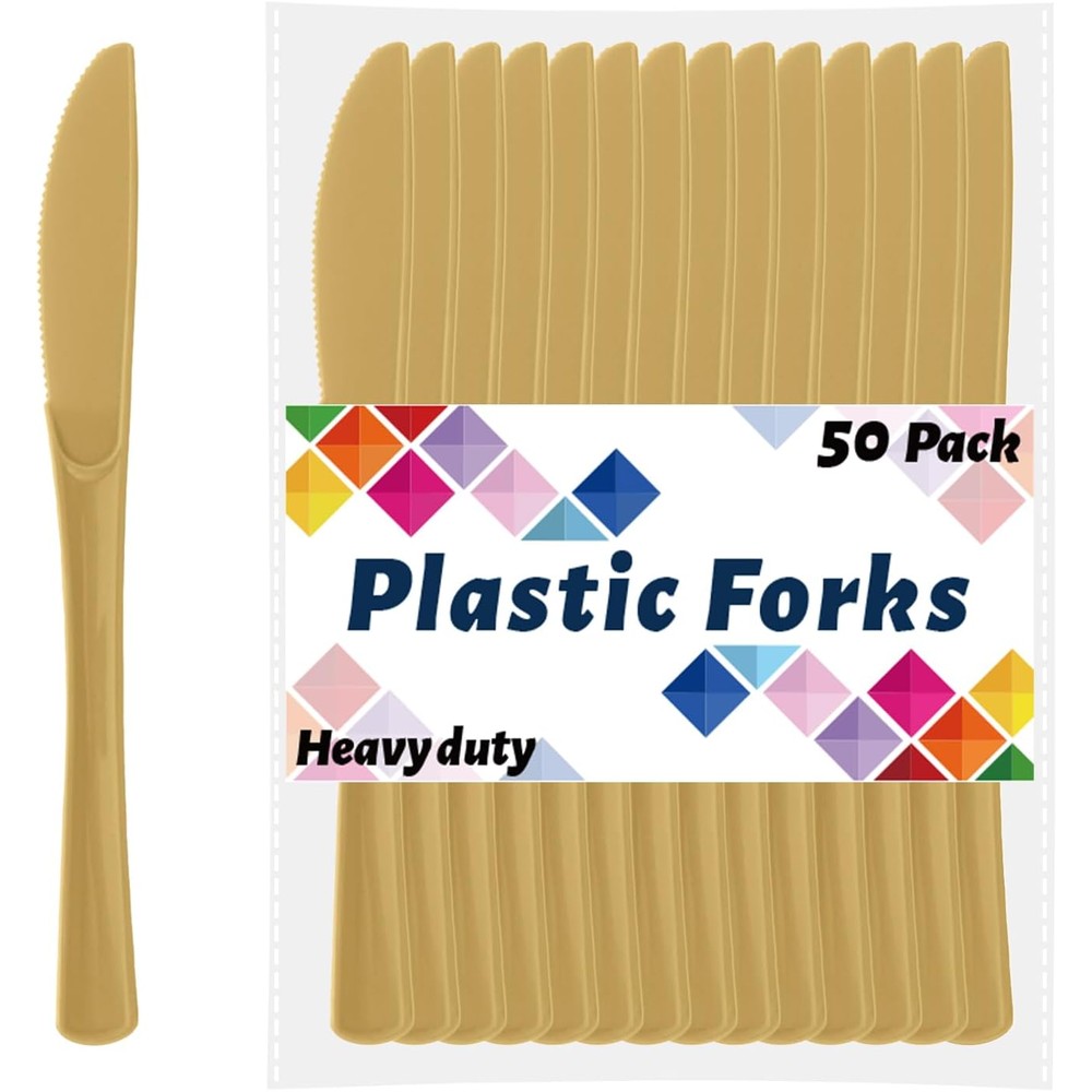 CXPSINC Gold Plastic Knives Front View Premium Disposable Tableware