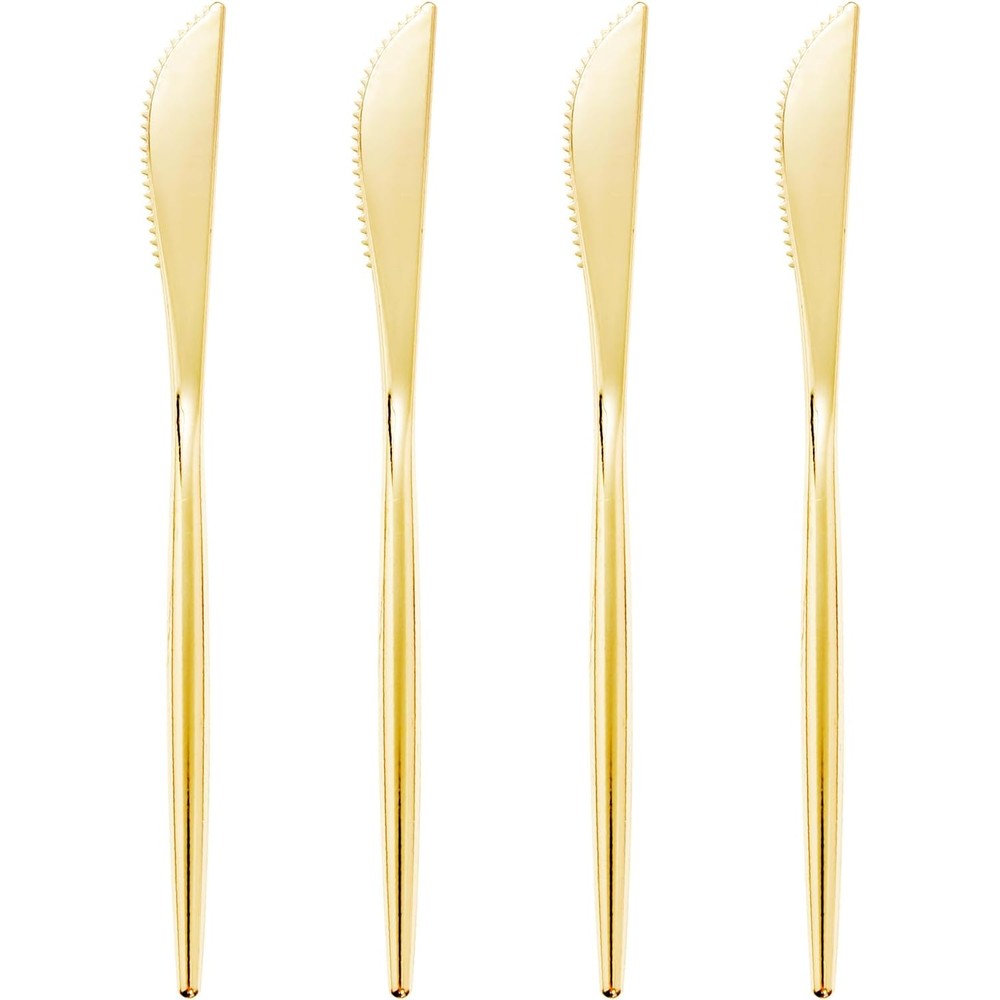 I00000 gold plastic knives ninety pieces front view showing shiny metallic finish for luxury party settings