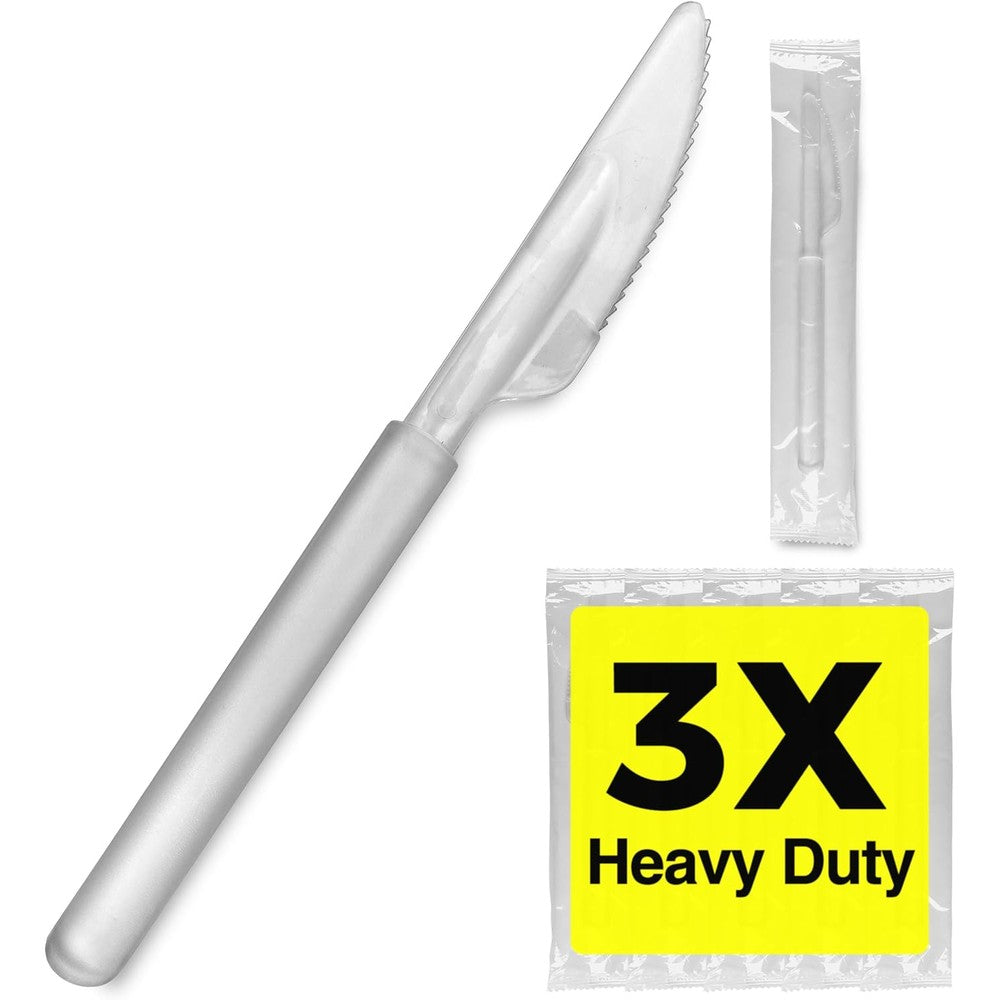 SupplyTuff 3X Heavy Duty Clear Plastic Knives front view in bulk packaging.