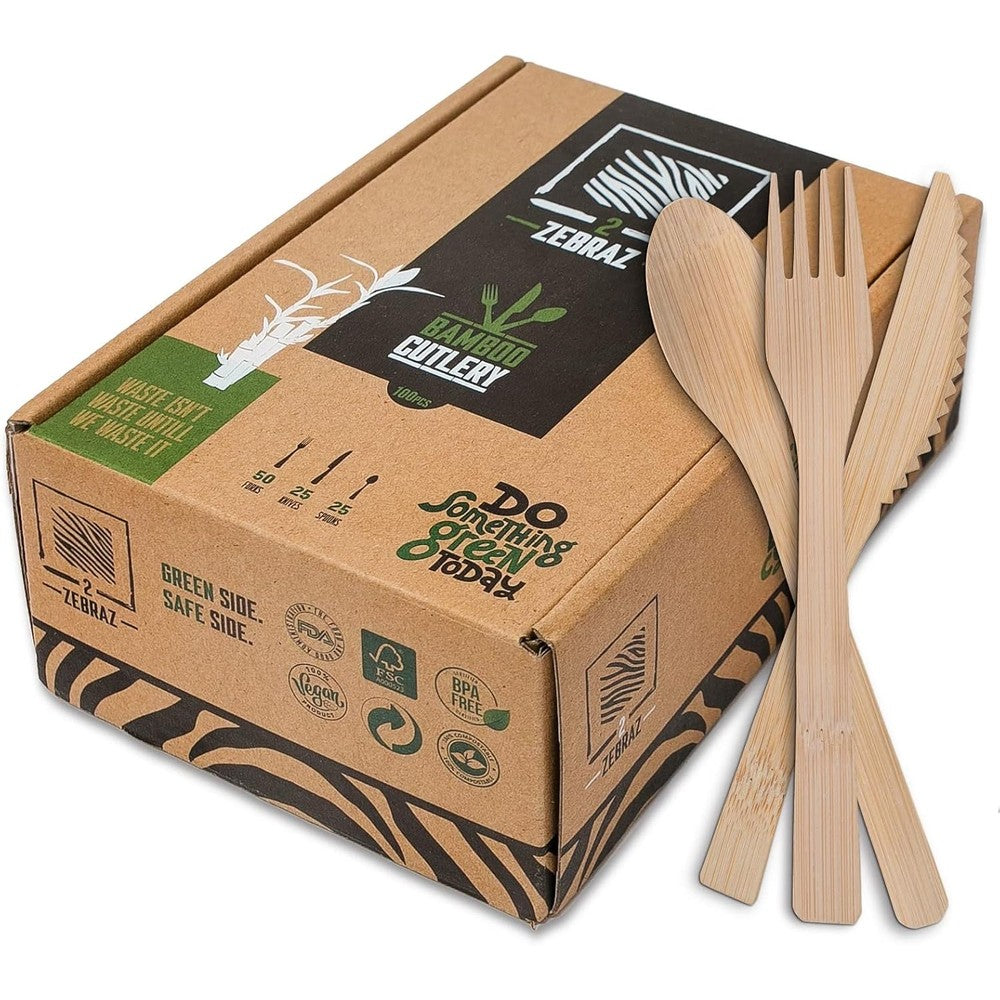 2ZEBRAZ Bamboo Cutlery Set front view 100 piece eco friendly utensils