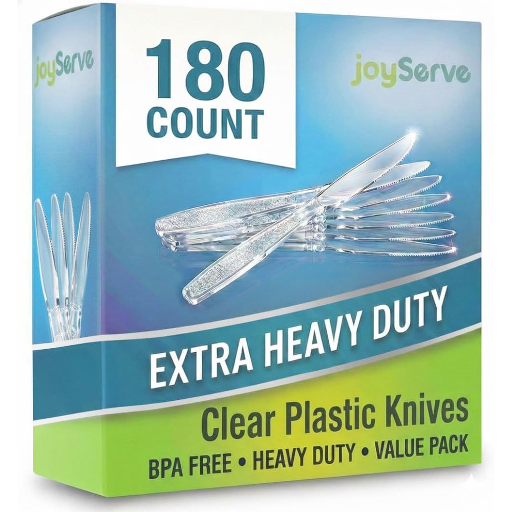 JoyServe Clear Plastic Knives heavy duty pack of 180 front view.