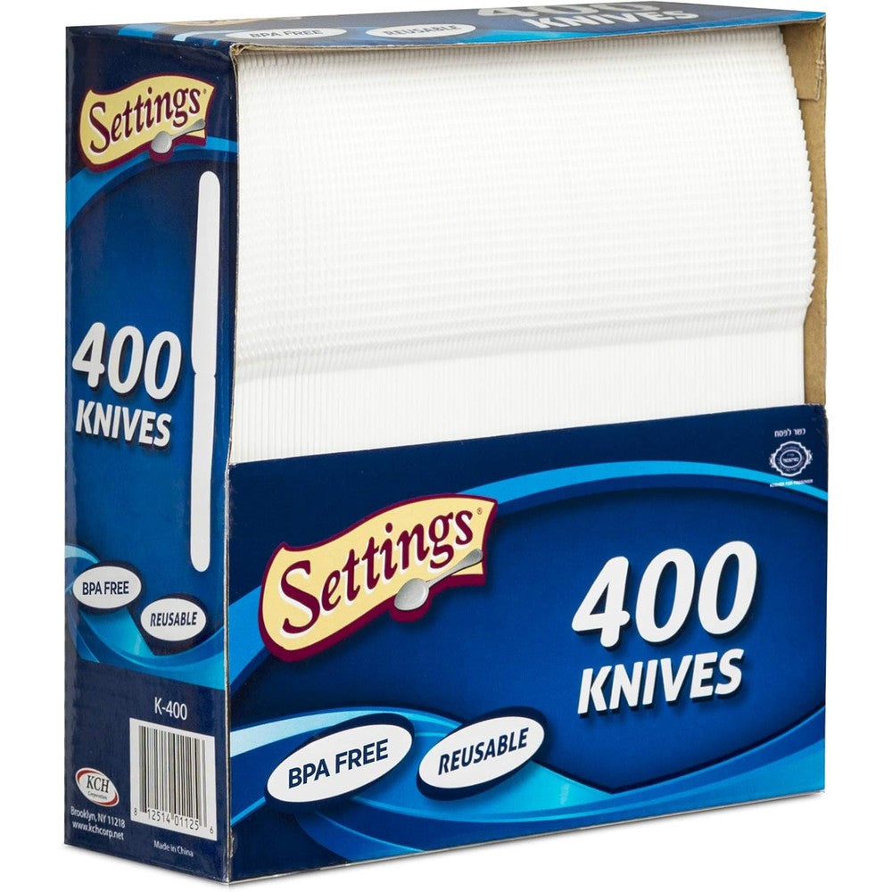 Settings Cutlery 400 Count Disposable Plastic White Knives front view in bulk packaging