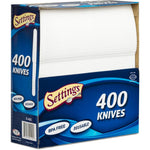 Settings Cutlery 400 Count Disposable Plastic White Knives front view in bulk packaging