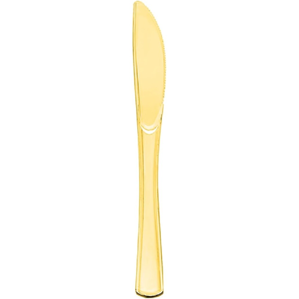 Party Essentials disposable plastic cutlery heavy duty gold knives front view on dinner table